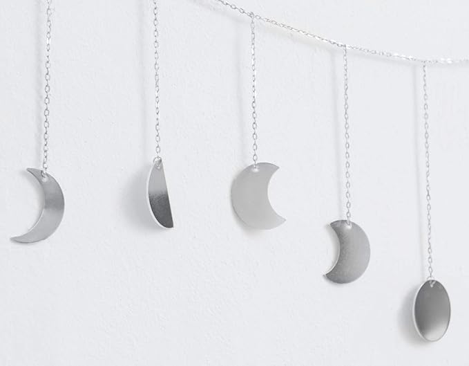 Mkono Moon Phase Wall Hanging Boho Aesthetic Room Decor Metal Moons Garland Hanging Art Bohemian Home Decoration for Girls Room Nursery Bedroom Livingroom Dorm, Ideal, Silver, 55"-Ruum Studio Home