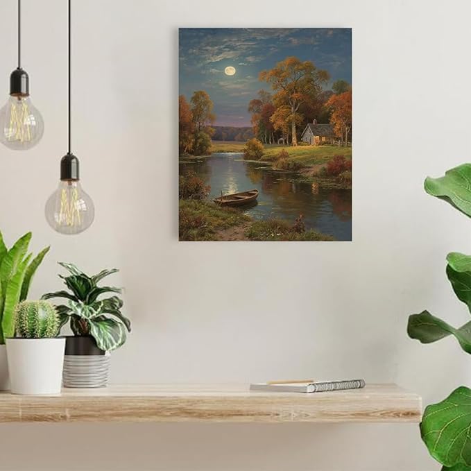 Small house by the stream under the moonlight tranquil style suitable for living room bedroom and office landscape poster wall art-Ruum Studio Home