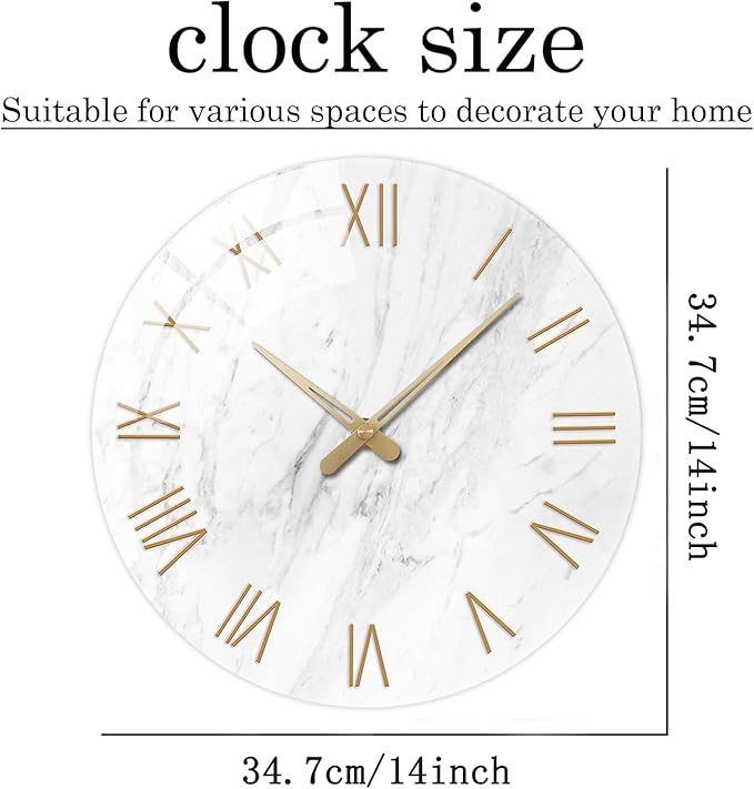 Round Marble Battery Wall Clock Modern 14 Inch White Minimalist Wall Clock for Kitchen Quartz Glass Slient Clock for Wall-Ruum Studio Home