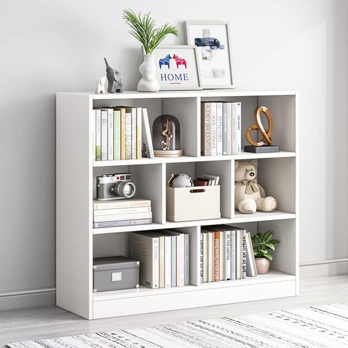 IOTXY Open Shelf Low Bookcase - Wooden 3-Tier Floor Standing Display Cabinet Organizer with Base, 7 Cubes Short Horizontal Bookshelf in Warm White-Ruum Studio Home