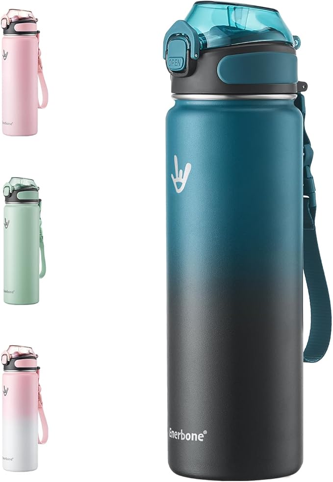 Enerbone 24 oz Insulated Water Bottle, Stainless Steel Bottle with Carrying Strap, Double-Wall Vacuum Insulation Design, Leakproof Sports Bottle with Straw, Keep Drinks Cold or Hot for Hours-Ruum Studio Home