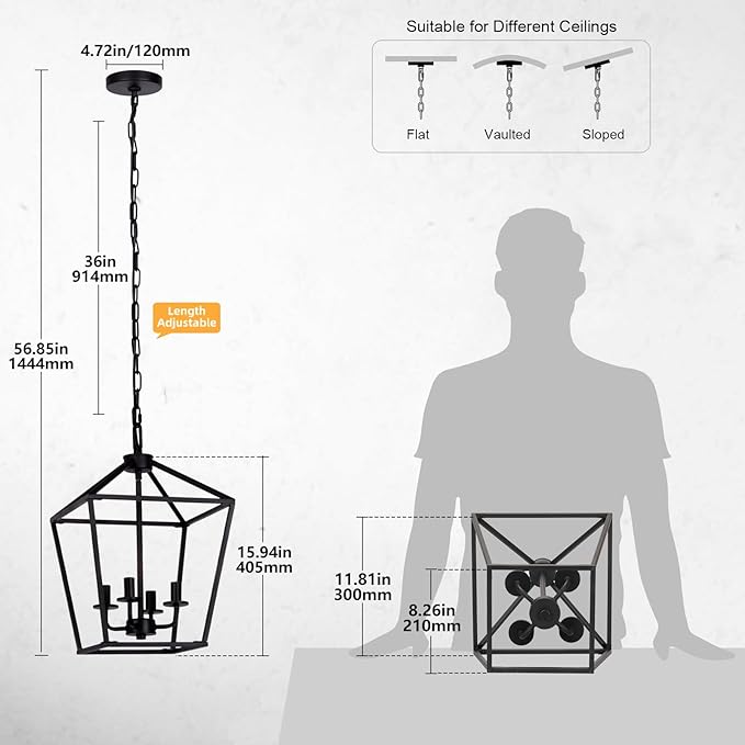 4 Light Chandelier, Industrial Ceiling Light Black Lantern Light Fixtures with Farmhouse Metal Cage Adjustable Height Rustic Geometric Hanging Light E12 Base for Kitchen Island, Entryway, Indoor-Ruum Studio Home