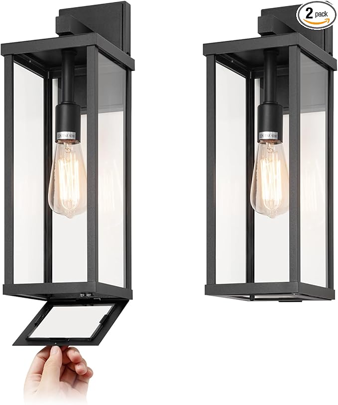 mirrea 18" Classic Outdoor Wall Sconce 1 Light in Matte Black Rectangular Metal Frame and Clear Glass Shade Waterproof Porch Light Patio Light Pack of 2-Ruum Studio Home