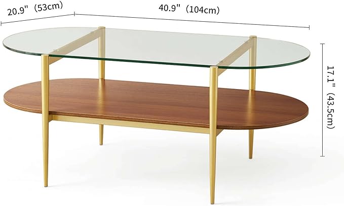 Oval Glass Coffee Table, Mid-Century Modern Design, L41 x W21 x H17 inch, for Living Room, 2-Tier Structure, Clear Glass Top and Walnut Finish Wood Shelf, Conical Legs with Gold Finish Frame-Ruum Studio Home