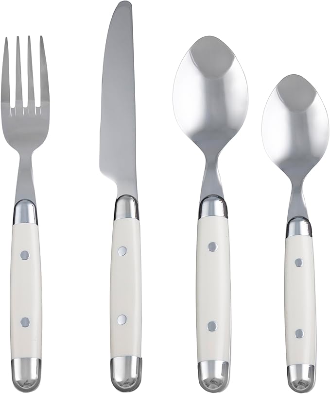 Cambridge Silverware Set, Jubilee White 16-Piece Flatware Set, Service for 4, 18/0 Stainless Steel, Silver Mirror Finish Beige Handles, Knives Spoons and Forks set, Dishwasher Safe, (Beige, 16 Pieces)-Ruum Studio Home