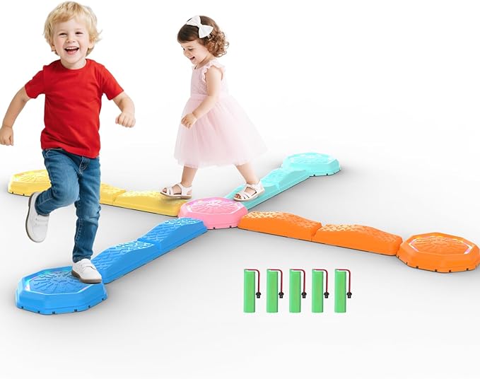Holyton Music Light Up Balance Beam and Toddler Stepping Stones 13 Pieces, Non-Slip Plastic Balance Stackable Stepping Stones for Kids, Sensory Toys for Toddlers, Indoor or Outdoor Play, Easy Storage-Ruum Studio Home