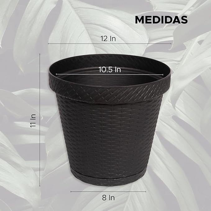 Elly Décor Set of 2 12 inch Round Saucer Modern Self Watering Planter Plates, Pots with Rattan-Like Finish, 12x12 Gray-Ruum Studio Home