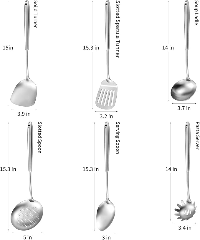 304 Stainless Steel Cooking Utensils,6 Pcs Kitchen Cooking Utensils Set with Spatula, Solid Spoon, Ladle, Skimmer, Spaghetti Spoon,Dishwasher Safe-Ruum Studio Home