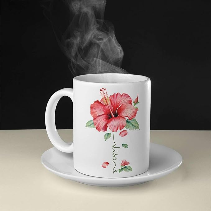 Personalized Hibiscus Blossom Design Mug, Custom Name Vibrant Flower Coffee Cup, Customized Mug For Floral Enthusiasts, Novelty Hibiscus Flower Ceramic Cup 11oz 15oz, Gift For Women-Ruum Studio Home