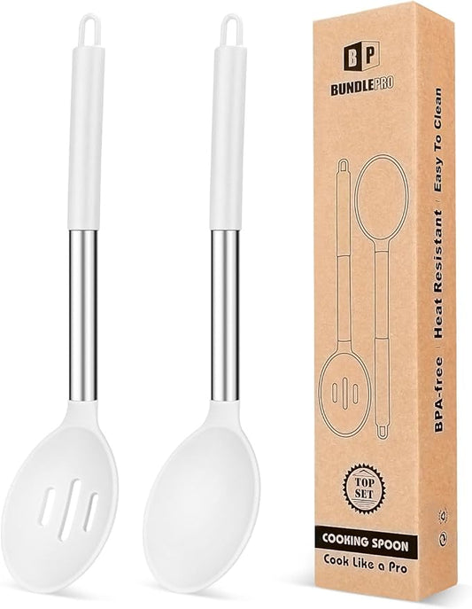 Pack of 2 Large Silicone Cooking Spoons,Non Stick Solid Basting Spoon,Heat-Resistant Kitchen Utensils for Mixing,Serving,Draining,Stirring (WHITE)-Ruum Studio Home