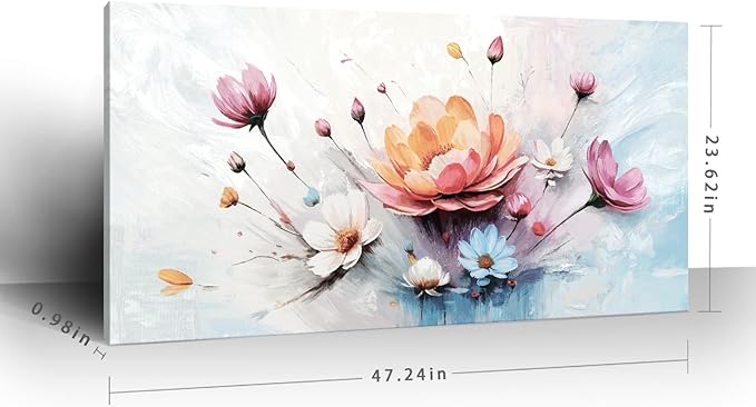 amatop Large Floral Wall Art – Modern Pink White and Blue Abstract Colorful Flower Bouquet Print Large Botanical Canvas Picture Nature Artwork Wall Decor for Living Room Bedroom Office 48x24 inch-Ruum Studio Home