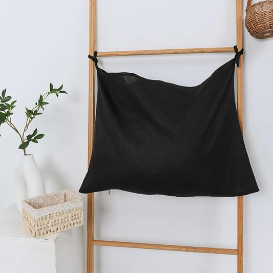 Hanging Linen Laundry Bag, 100% Pure Flax Linen Over The Door Hamper with Bottom Zipper for Laundry Room, Household Dirty Cloth Storage Organizer Bag, Black-Ruum Studio Home