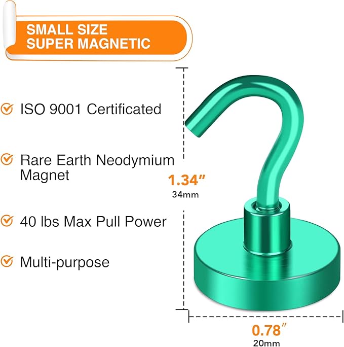 MIKEDE Magnetic Hooks, 40Lbs+ Heavy Duty Magnet Hooks for Cruise Cabins, Super Neodymium Hanging Hooks Strong Magnets with Hook for Fridge, Magnetic Hanger for Grill, Toolbox, Storage(Green, 10 Pack)-Ruum Studio Home