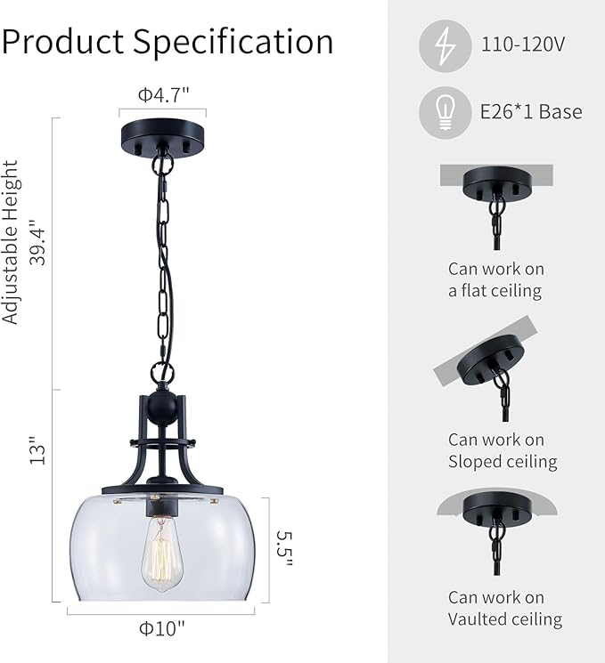 WUZUPS Chandelier Rustic Farmhouse Industrial Round Ceiling Pendant LED Light Fixture with Clear Glass Shades for Dining Room Kitchen Island Foyer Entryway, H 13" x W 10", E26 Base, Black-Ruum Studio Home