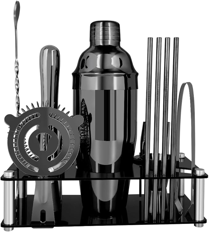 14-Piece Cocktail Shaker Set Bartender Kit with Black Stand, Bar Tool Set for Drink Mixing Bartending Kit Bar Sets Accessories: 750ml(25oz) Shaker, Jigger, Muddler, Cocktail Recipes (Black)-Ruum Studio Home
