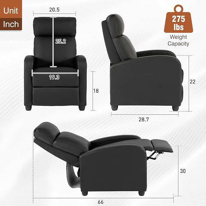 BestMassage | Recliner Chair | No Massage Function | Leather Black | with Lumbar Support, Adjustable Push Back, Wide Armrests, Footrest & Padded Seat | Easy Assembly | for Living Room, Home Theatre-Ruum Studio Home