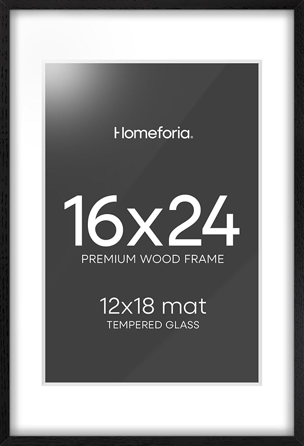 Homeforia 16x24 Black Wood Frame, High End Oak 16x24 Picture Frames with Mat 12x18 Photo, 16 x 24 Wooden Poster Frame Matted to 12 by 18 Print, 24x16 Hanging Frames, Tempered Glass, Wall Kit, Set of 1-Ruum Studio Home
