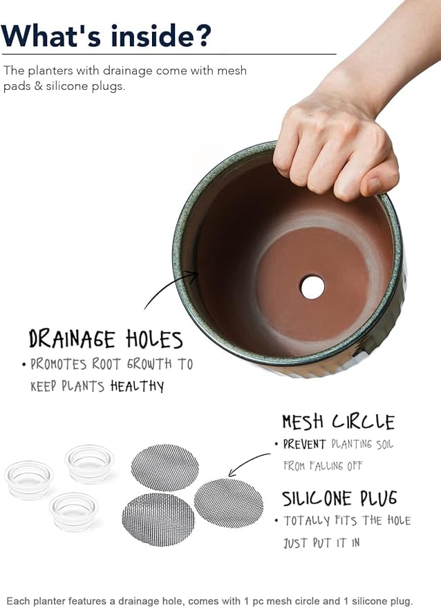 LE TAUCI Fluted Ceramic Planters Set of 3 – 8.3/7 / 5.7 in Dark Olive Reactive Cylinder Indoor Plant Pots with Drainage Plug & Mesh, Glossy Stoneware Flower Pots for Succulents Herbs-Ruum Studio Home