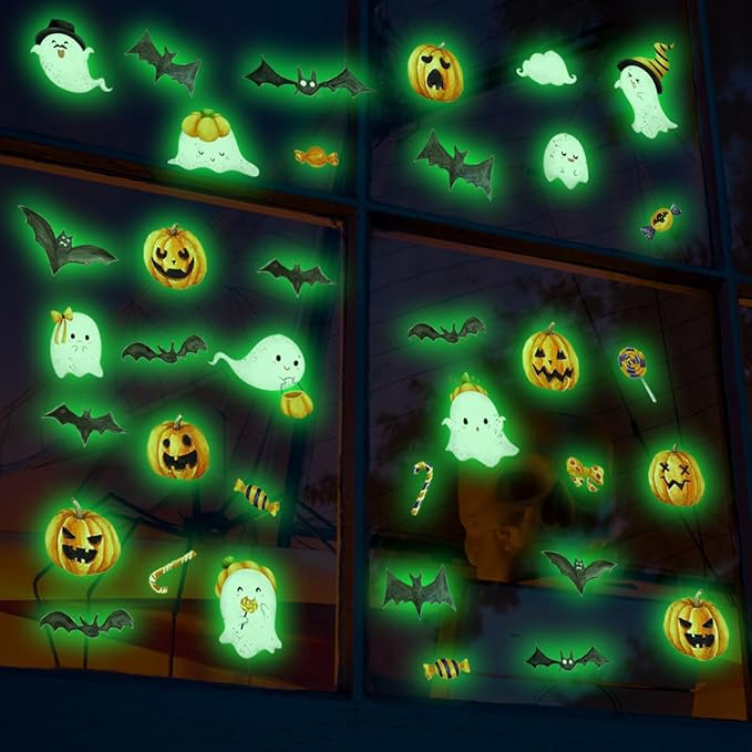 clothmile 3 Sheets Glow in The Dark Halloween Window Clings Luminous Halloween Window Stickers Removable Pumpkin Ghost Bat Wall Decor Glowing Window Clings for Scary Halloween Theme Party Decorations-Ruum Studio Home