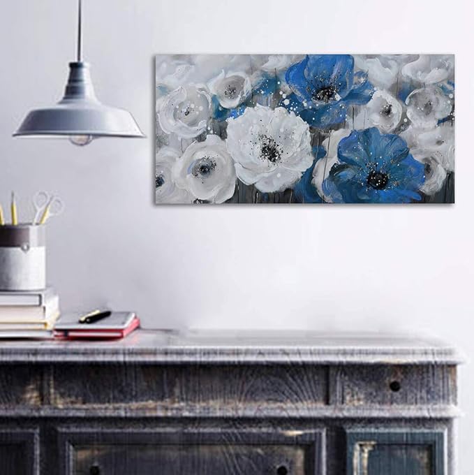 Mofutinpo Large Flower Painting Wall Art, 24x48, Modern Home Decor, Living Room Wall Decorations, White Blue Flower Prints Artwork, Waterproof UV Resistant Canvas, Wall Art for Bedroom-Ruum Studio Home