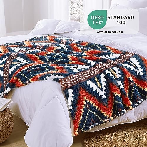 CASAAGUSTO Boho Sherpa Throw Blanket, Aztec King Size Blanket, Ultra Soft, Warm, Cozy, Plush, Thick Fleece Bohemian Throw Blanket for Couch, Bed, Sofa (Navy 108 * 90 Inch)-Ruum Studio Home