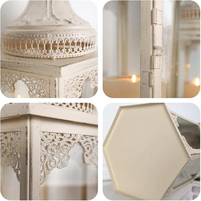 NEEDOMO Lanterns Decorative Outdoor & Indoor, Set of 2 Outdoor Lanterns for Porch,Large Candle Lantern, Beige Metal Frame with Glass for Fall, Christmas-Ruum Studio Home