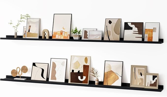 Floating Picture Ledge Shelves for Wall Set of 2, 72 Inches Picture Ledge Shelf with Long Large Nursery Book Shelf for Toys Storage Kids Bookshelf Wall Mounted Living Room Bedroom Decor Frames, Black-Ruum Studio Home
