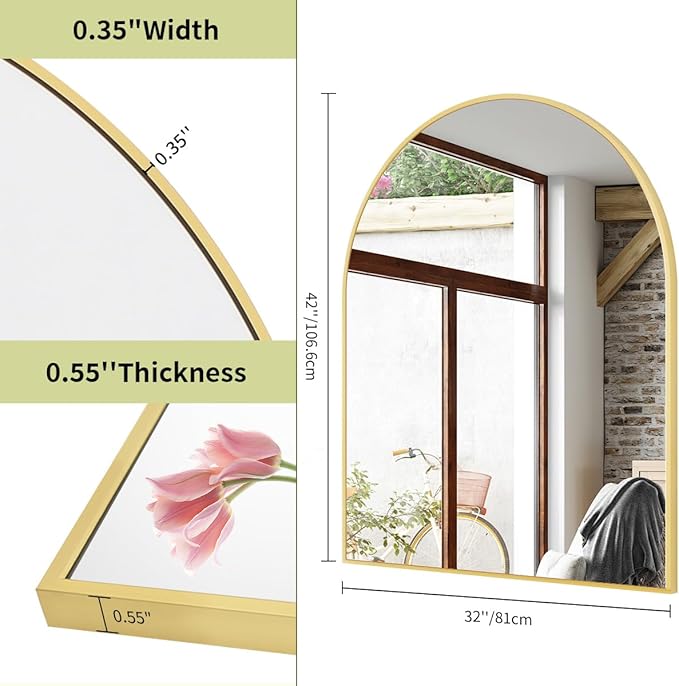 BEAUTYPEAK 32"x42" Arch Bathroom Mirror, Wall Mounted Vanity Metal Frame Mirror for Bedroom, Entryway, Living Room, Gold-Ruum Studio Home