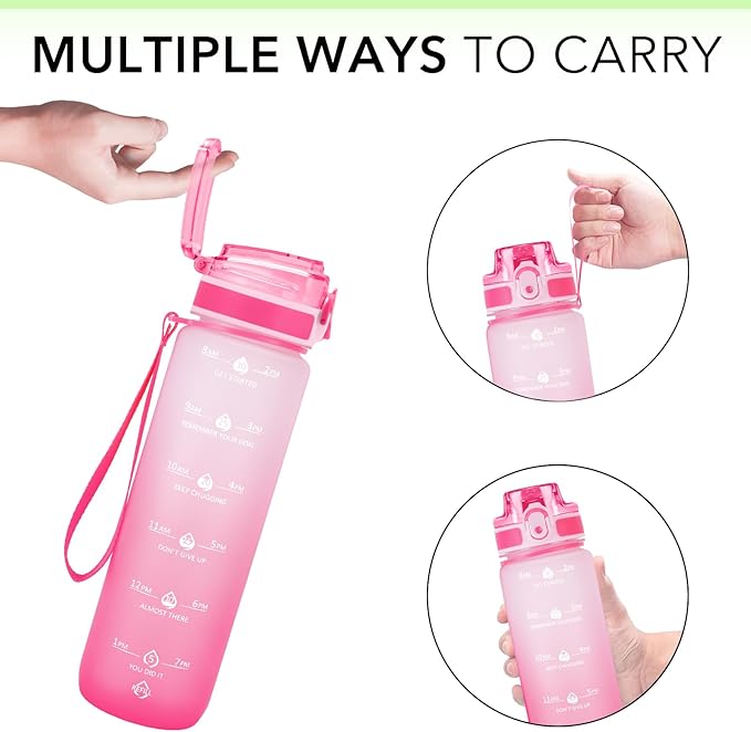 32oz Motivational Water Bottles with Time Marker & Fruit Strainer, Transparent Gradient Color Water Bottle with Times to Drink, Leakproof & BPA Free, Reusable Bottle with Strap (No Straw)-Ruum Studio Home