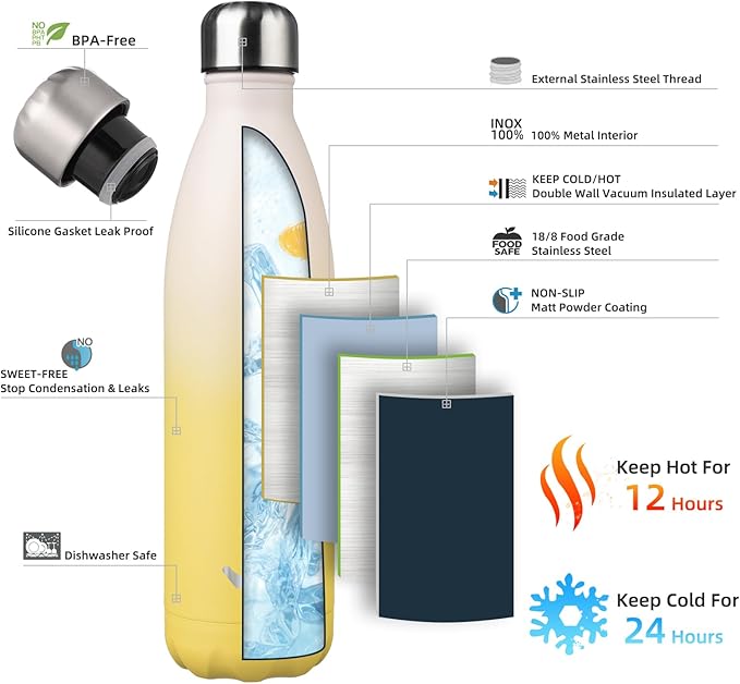 Insulated Water Bottles,25 oz Double Wall Stainless Steel Vacumm Metal Flask for Sports Travel,Lemon-Ruum Studio Home
