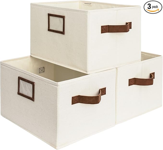StorageWorks Storage Baskets for Shelves, Foldable Fabric Closet Storage Bins with PU Handles, Fabric Storage Bins Clothes Organizer, Ivory White, 3-Pack, Large-Ruum Studio Home