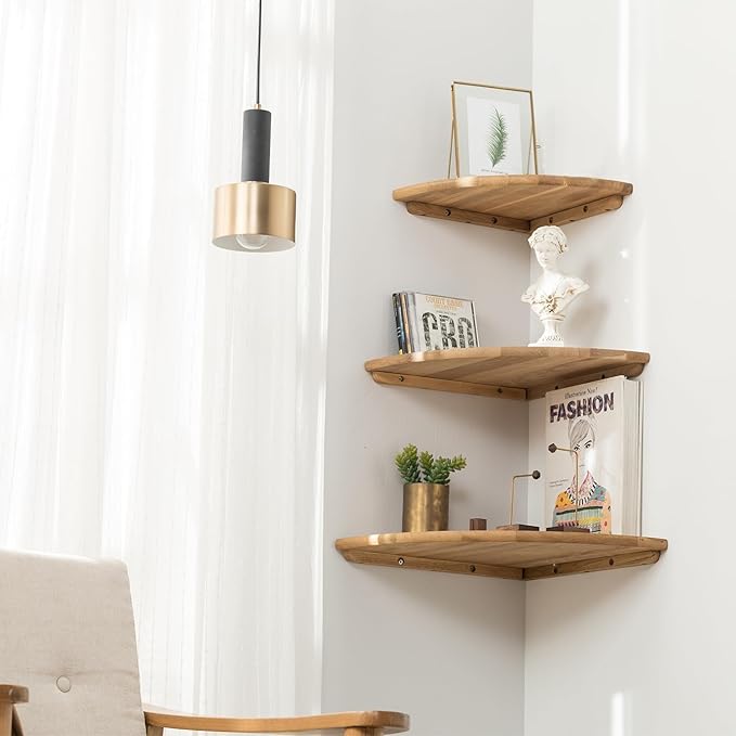 Corner Shelf, 7inch Solid Oak Wood Floating Corner Shelf Wall Mount Round End Floating Speaker Shelves with Wire Hole for Small Plant Photo Frame for Bedroom Kitchen, Living Room-Ruum Studio Home