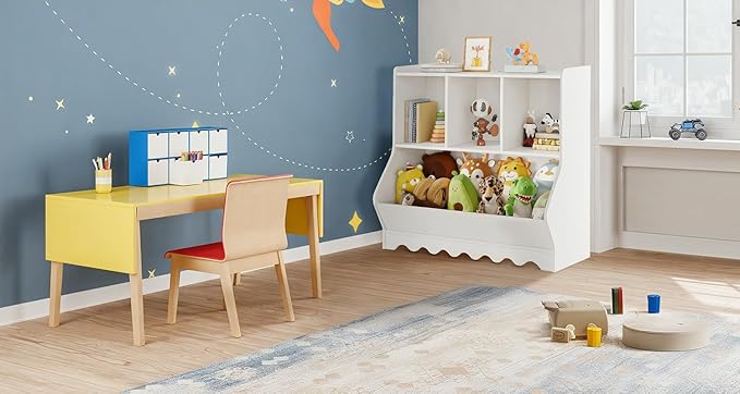 Wood Kid Storage Cubby, Toy Storage Organizer with Bookshelf, 32"L x 15"D x 31"H Montessori Toy Shelf, Nursery Book Shelves, Wooden 4-Cubby Children Book Shelf for Playroom Classroom, White-Ruum Studio Home