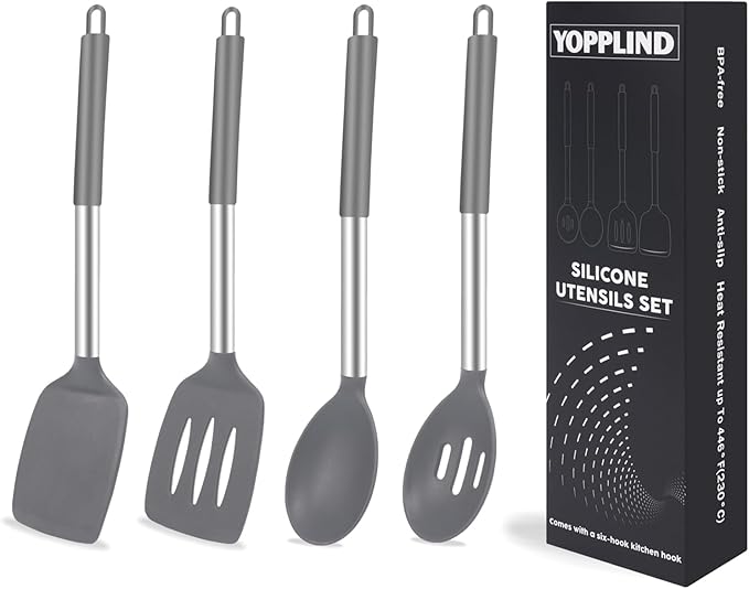 5-Piece Silicone Kitchen Tool Set, BPA-Free, Heat-Resistant, Non-Stick & Dishwasher-Safe, with Slotted/Solid Spoons & Spatulas for Frying, Mixing, Draining – Includes Multi-Purpose Serving Hook(Gray)-Ruum Studio Home