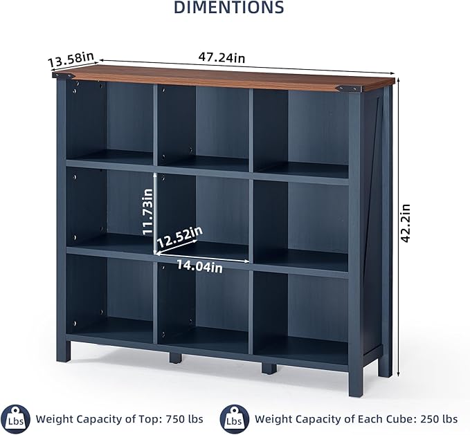 9 Cube Bookcase, Farmhouse 47 Inch Wide Navy Blue Bookshelf, Wooden 3 Tier Display Large Open Book Shelf, Vintage Horizontal Book Case for Home Office, Cubby Storage Cabinet for Living Room-Ruum Studio Home
