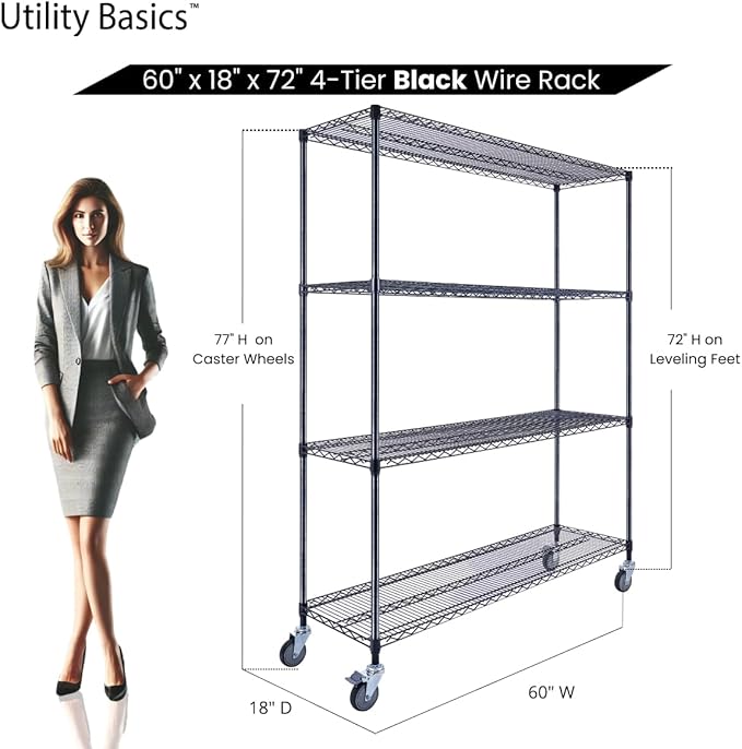 60"x18"x72" Black Premium Metal Steel Wire Shelving 4-Tier NSF 3200 LBS MAX Capacity Heavy Duty Storage Rack for Garages, Commercial Spaces, Hospitals, & Schools w/Premium Wheels-Ruum Studio Home