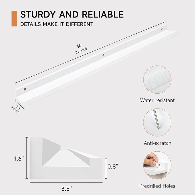 Picture Ledge Shelf for Wall, Floating Shelves Set of 4, 36 Inch Long Nursery Book Shelves for Toys Storage, Kids Bookshelf Wall Mounted for Books Photo Frames, White-Ruum Studio Home