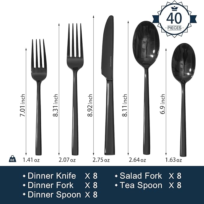 KINGSTONE Black Silverware Set, 40-Piece Forged Flatware Set Cutlery Set Premium Stainless Steel, Service for 8, for Kitchen, Home, Wedding, Party, Mirror Polished and Dishwasher Safe-Ruum Studio Home