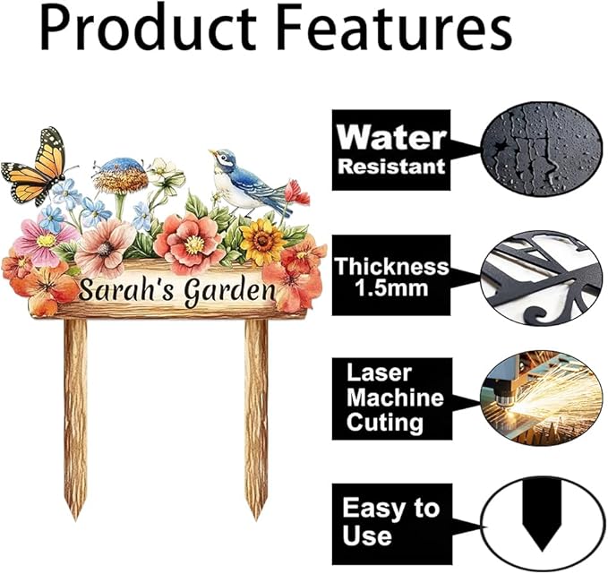 Personalized Colorful Bird Metal Sign with Stake,Custom Gardener Last Name Signs Outdoor Decorate,Customized Garden Accessories Decor for Mom,Butterfly Flowers Plaques for Patio Lawn Porch Backyard-Ruum Studio Home