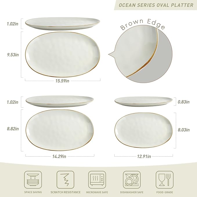 famiware Serving Platter, Oval 15.59/14.3/12.9inch Serving Dishes for Entertaining, Serving Bowls, Microwave Safe, Stoneware Serving Trays for Party, Food, Turkey, Cheese, Ocean Series, Vanilla White-Ruum Studio Home