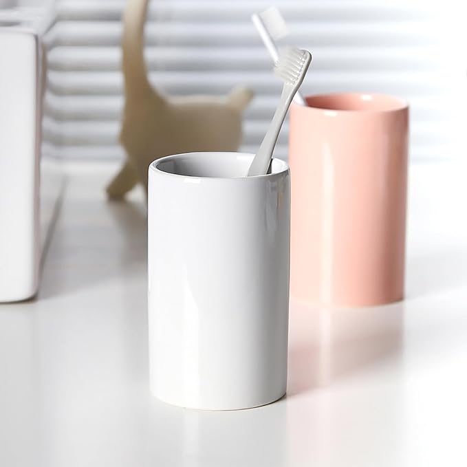 White Ceramic Toothbrush Holder, Tumbler Cups Reusable Toothbrush Mouthwash Cup,Makeup Brush Holder, Bathroom Counter Organizer(300ml)-Ruum Studio Home