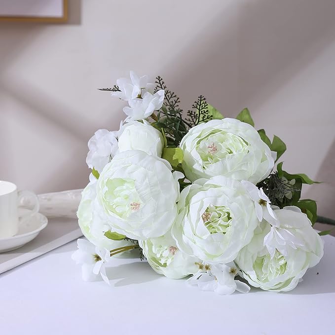 Duovlo Springs Flowers Artificial Silk Peony Bouquets Wedding Home Decoration,Pack of 1 (Spring White)-Ruum Studio Home