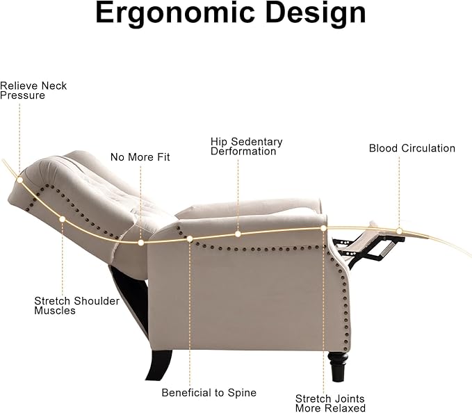 EBELLO Pushback Recliner Chair, Fabric Armchair Push Back Recliner with Rivet Decoration, Mid Century Wingback Accent Chair for Living Room, Bedroom, Beige-Ruum Studio Home