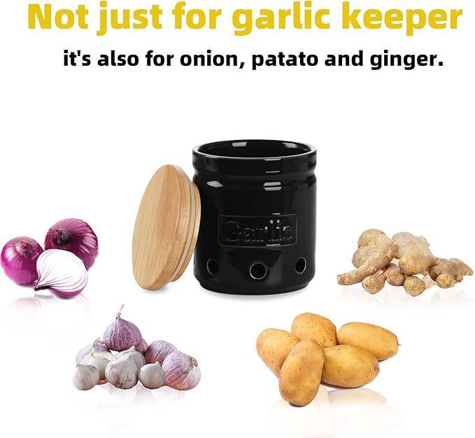ONTUBE Large Garlic Keeper with Wooden Lid, Ceramic Garlic Holder Storage, Garlic Container for Kitchen, Garlic Saver to Keep Your Garlic Cloves Fresh Longer 4.5-Inch, Black-Ruum Studio Home