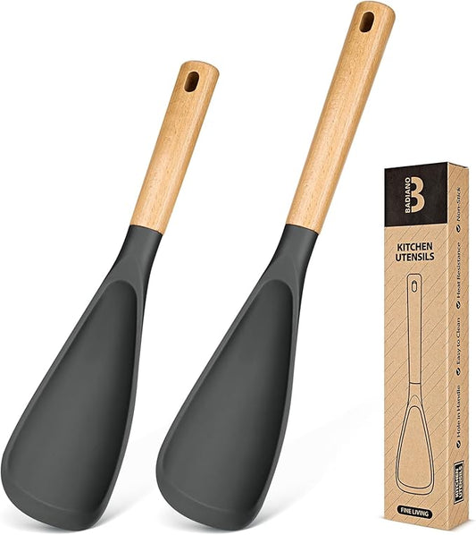 Multifunction Spatula Spoon for Nonstick Cookwares, Great for Cooking and Serving, Sturdy BPA-Free Matte Silicone, Wood Handle Spatula for Mixing, Scoop, and Scrape, Grey(2 pack,11.4" & 13.4")-Ruum Studio Home