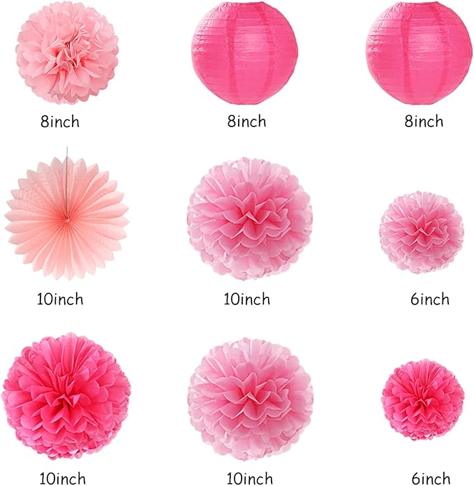 Hot Pink Birthday Party-Decorations Paper-Flowers - 14pcs Happy Banner Girl Lanterns Tissue Pom Poms,Women Streamers Garland Fans,21st 18th Princess Baby Sweet 16 Pretty Hanging Supplies Decor Hugfond-Ruum Studio Home