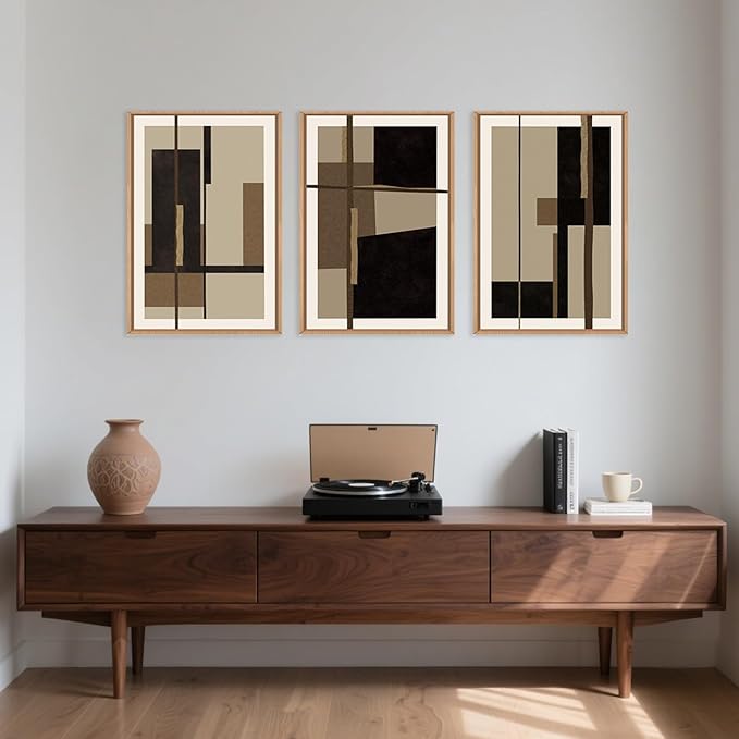 Abstract Shapes Framed Canvas Wall Art Set, Mid-Century Black Polygon Wall Decor, Black Brown Irregular Painting, Neutral Modern Art Print for Living Room, Dining Room, Office - 16"x24"x3-Ruum Studio Home