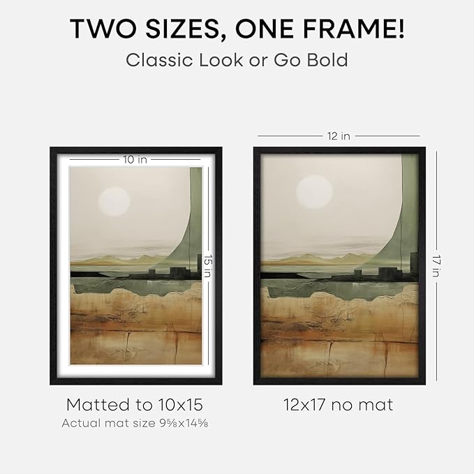 Homeforia 12x17 Picture Frame Black Wood, High End Oak 12x17 Poster Frames with Mat 10x15 Photo, 12 x 17 Wooden Frame Matted to 10 by 15 Print, 17x12 Hanging Frames, Tempered Glass, Wall Kit, Set of 1-Ruum Studio Home