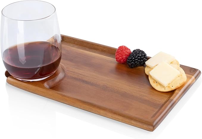 PICNIC TIME Rectangle Wine Appetizer Plates Set of 4, Cocktail Plate with Glass Holder, Cheese Board with Wine Holder, (Acacia Wood)-Ruum Studio Home