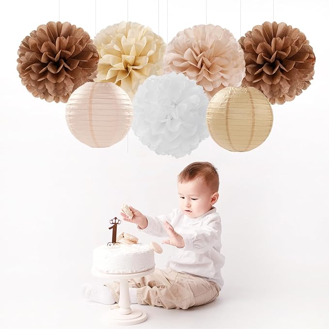 Boho Rustic Wedding Party-Decorations Paper Flowers Lanterns - 15PCS Fall Baby Shower Gender Neutral Streamers,Brown Champagne White Tissue Pom Poms,Autumn Birthday Bridal Decor Hugfond-Ruum Studio Home